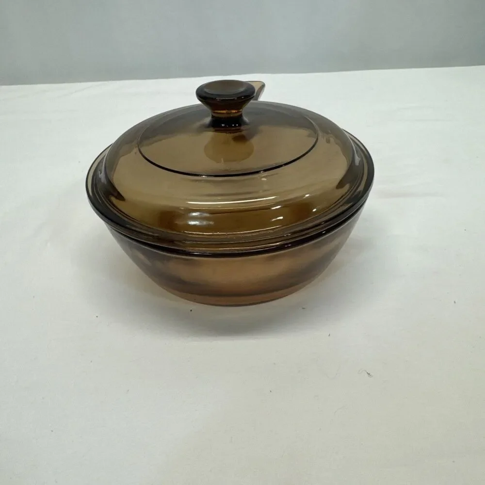 Vintage Vision Corning Ware Amber Brown 0.5 L Sauce Pan Pot With Pyrex Lid USA